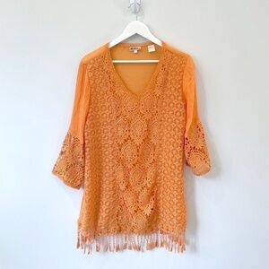 Azucar Ladies Woven Lace Short Sleeve Orange Top